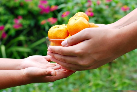 Adult handing bowl of fruit to child